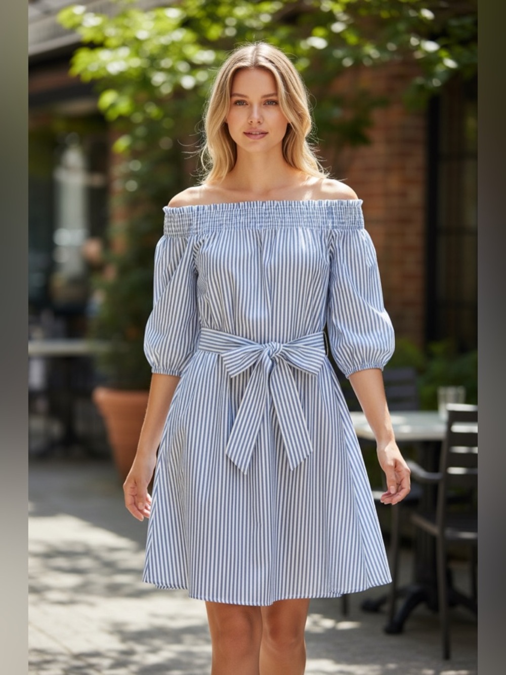 New York & Company Off-the-Shoulder Blue Stripe Dress with Waist Tie